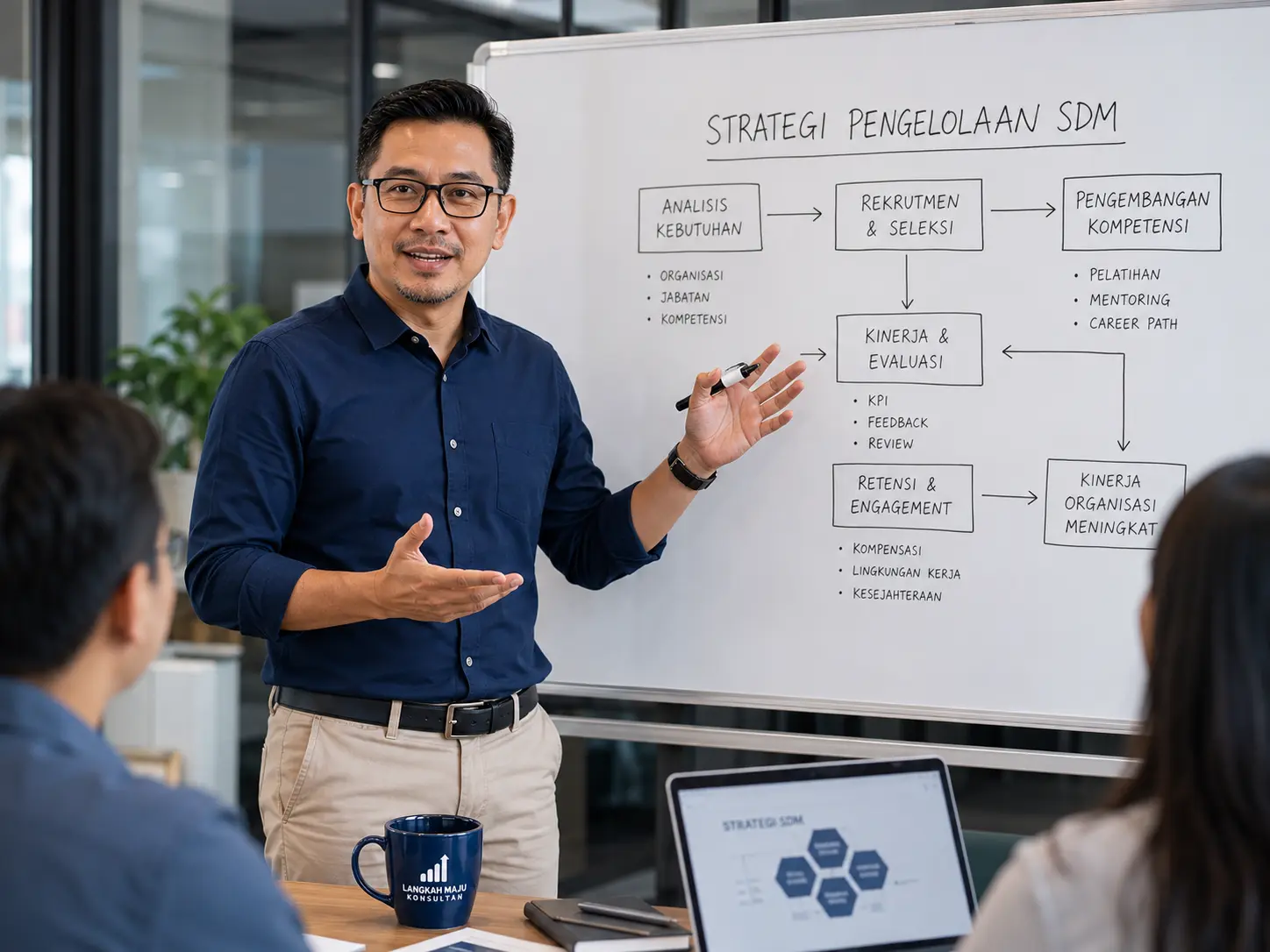 Konsultan Langkah Maju sedang menyampaikan presentasi di depan papan tulis